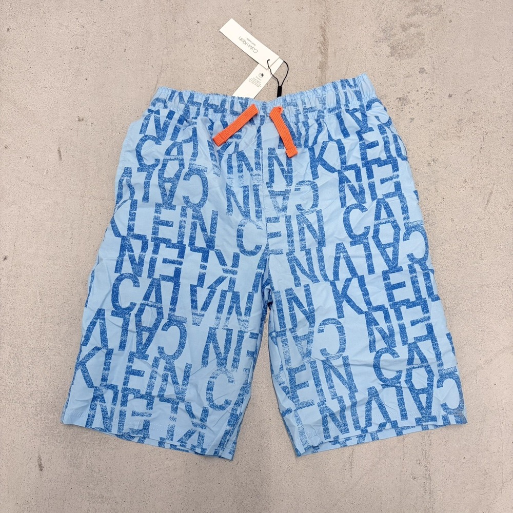 Calvin Klein Big Boys Logo Swim Trunks Neon Blue Size Large  14-16